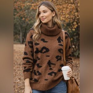 Brown Leopard Print Turtleneck Sweater – Size M